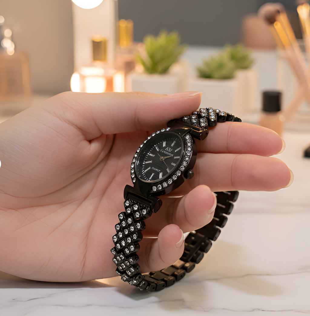 AW Collection Women’s Quartz Watch – Elegant Black Metal Band | Crystal Stylish Ladies Watch Pakistan